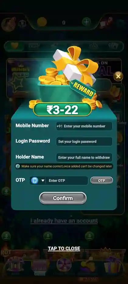 Rummy Ludo earning app wallet page with real cash withdrawal button highlighted
